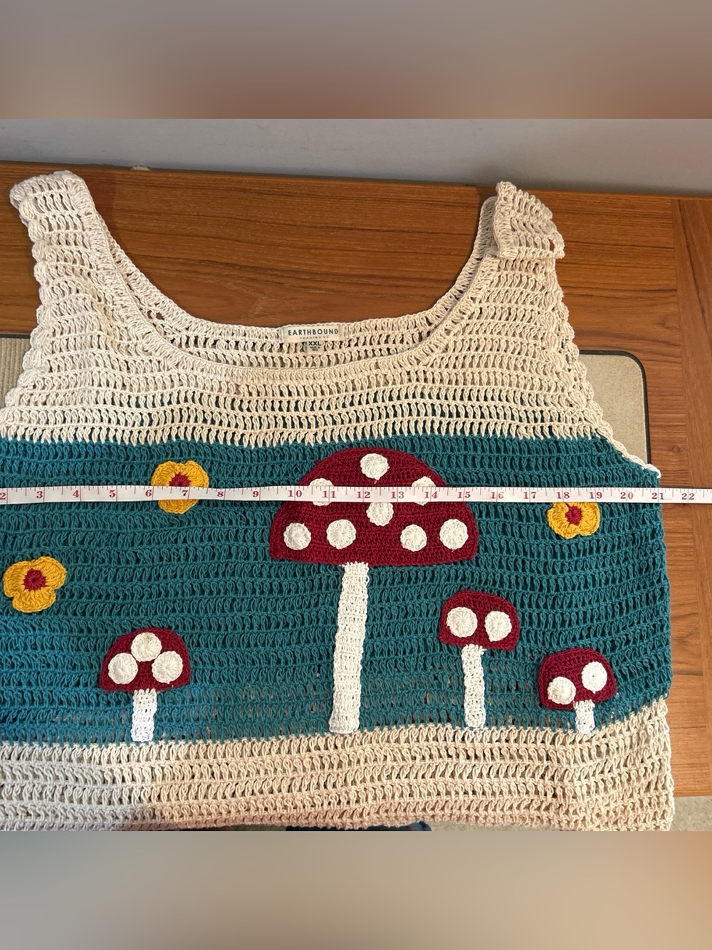 EARTHBOUND Cream Crochet Tank Top with Teal Panel & Red Mushroom Motif - Picture 5 of 7